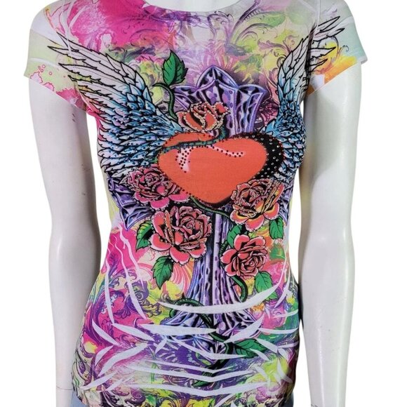 Rose Wing Fleur Scroll Rhinestone Embellished Cap Sleeve Tee T-Shirt - Picture 5 of 8